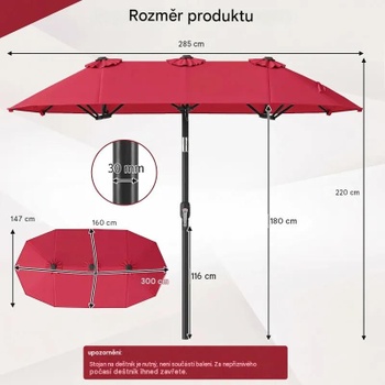 Dvojitý slnečník s kľukou a 12 rebrami NP13306WN, 300 x 160 cm, červený - N