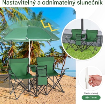 2dielne kempingové stoličky so slnečníkom RS03954, 161 x 55 x 85 cm, zelená - N
