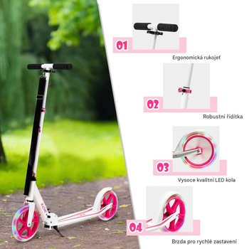 Skladacia kolobežka SP38153PI, výškovo nastaviteľná, LED kolesá, nosnosť 100 kg, bielo/ružová - A