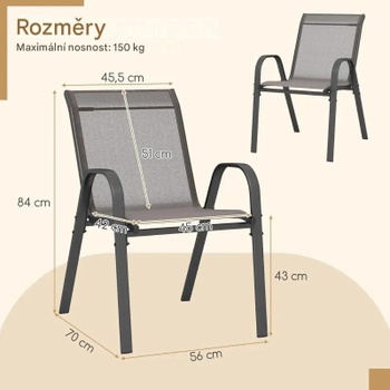 Sada 4 stohovateľných záhradných stoličiek z textilu a kovového rámu NP51196GR-4, 56 x 70 x 84 cm, čierno