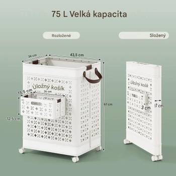 Skladací kôš na bielizeň na kolieskach BA8365WH, 75 l, biely - A