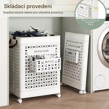 Skladací kôš na bielizeň na kolieskach BA8365WH, 75 l, biely - A