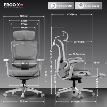 Ergonomická kancelárska stolička s podnožkou OS250G-M2, 7D podrúčky, 5D bedrová opierka, 4D opierka hlavy