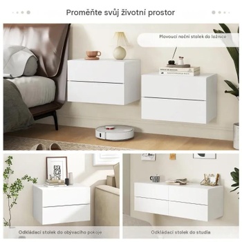 Nástenný nočný stolík s 2 zásuvkami HU10886WH, 42 x 30 x 28 cm, biely - A