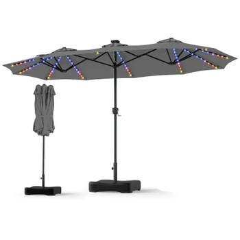 Dvojitý slnečník s kľukou a podstavcom NP13666GR, 370 x 200 cm, so 108 LED diódami, sivý - B