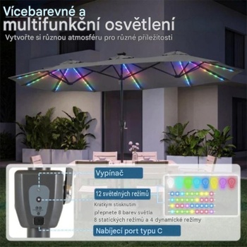 Dvojitý slnečník s kľukou a podstavcom NP13666GR, 370 x 200 cm, so 108 LED diódami, sivý - B
