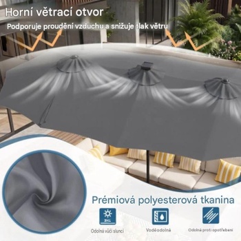 Dvojitý slnečník s kľukou a podstavcom NP13666GR, 370 x 200 cm, so 108 LED diódami, sivý - B