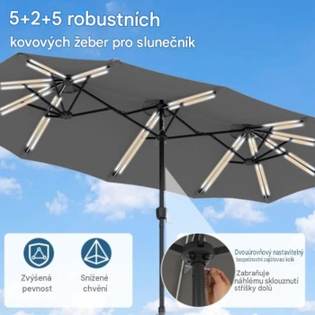 Dvojitý slnečník s kľukou a podstavcom NP13666GR, 370 x 200 cm, so 108 LED diódami, sivý - B