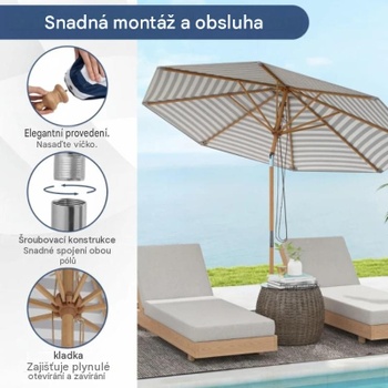 Drevený záhradný slnečník NP12796LS, 270 cm, náklon 30 ° na obe strany, modro/biely - A