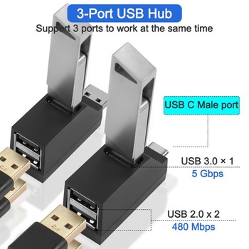 3portový USB hub pre notebooky, rozširujúci adaptér USB portov, 1 USB 3.0 a 2 USB 2.0 porty,
