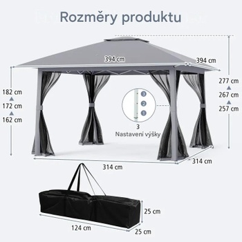 Skladací záhradný altánok NP12382GR, 277 x 394 x 394 cm, prepravná taška, sivý - A