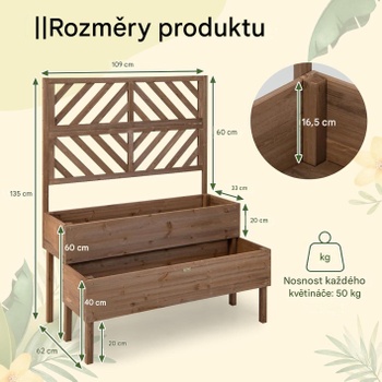 Dvojposchodový drevený kvetináč s drenážnym otvorom B0CCSCG74B, 109 x 62 x 135 cm, hnedý - A