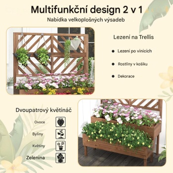 Dvojposchodový drevený kvetináč s drenážnym otvorom B0CCSCG74B, 109 x 62 x 135 cm, hnedý - A