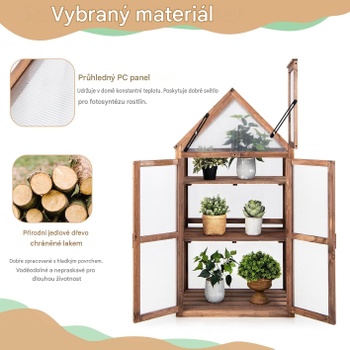 Prenosný drevený mini skleník s vyberateľnými policami 3842BN-GT, 73 x Š 40 x 147 cm, prírodný - A