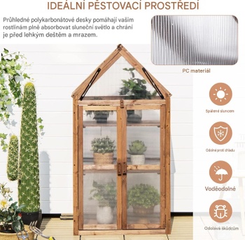 Prenosný drevený mini skleník s vyberateľnými policami 3842BN-GT, 73 x Š 40 x 147 cm, prírodný - A