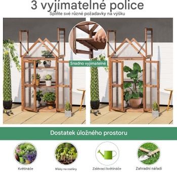Prenosný drevený mini skleník s vyberateľnými policami 3842BN-GT, 73 x Š 40 x 147 cm, prírodný - A