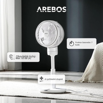 Podlahový ventilátor, 55 W, priemer 23 cm, nastaviteľná výška, biely - A