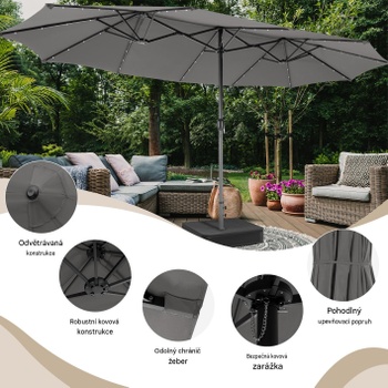 Dvojitý slnečník s LED osvetlením a stojanom NP13260DE-HS, 460 x 285 cm, sivý - A