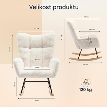 Hojdacie kreslo s drevenými nohami HC5W-1, polstrované, nosnosť až 120 kg, biele - A