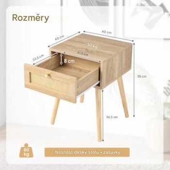 Nočný stolík s ratanovou dekoráciou HU10476NA-1, 55 x 40 x 40 cm, prírodný - A