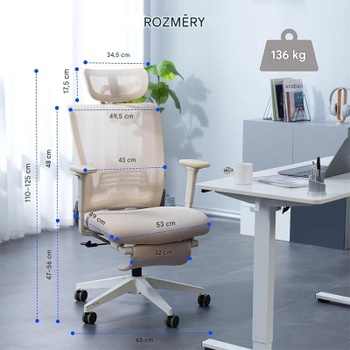 Ergonomická kancelárska stolička OS1W s bedrovou opierkou, krémovo biela - B