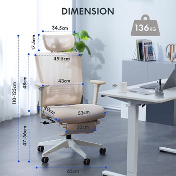 Ergonomická kancelárska stolička OS1W s bedrovou opierkou, krémovo biela - B