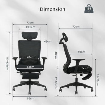 Ergonomická kancelárska stolička OS1B, 3D nastaviteľná opierka hlavy, čierna - B