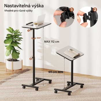Výškovo nastaviteľný odkladací stolík na kolieskach s naklápacou doskou RD90537, 52 x 33 x 112 cm, biely