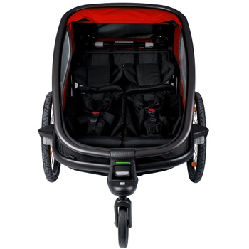 Detský vozík za bicykel, pre 2 deti, nastaviteľná ergonomická rukoväť, čierno/červený - A