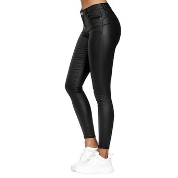 Dámske legíny s efektom wet-look, vysoký pás, umelá koža, jednofarebné, pružné, slim strih, nohavice