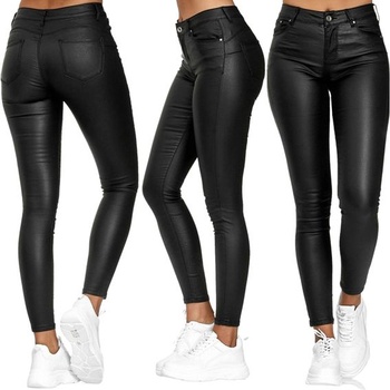 Dámske legíny s efektom wet-look, vysoký pás, umelá koža, jednofarebné, pružné, slim strih, nohavice