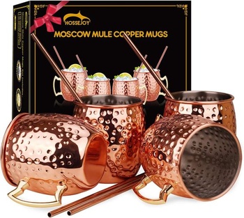 Medené hrnčeky Hossejoy Moscow Mule: Sada 4 kusov – Obsahuje 4 hrnčeky s objemom 550 ml, 4 slamky v