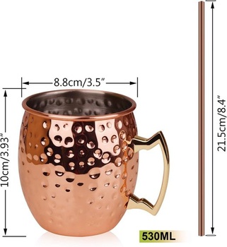 Medené hrnčeky Hossejoy Moscow Mule: Sada 4 kusov – Obsahuje 4 hrnčeky s objemom 550 ml, 4 slamky v