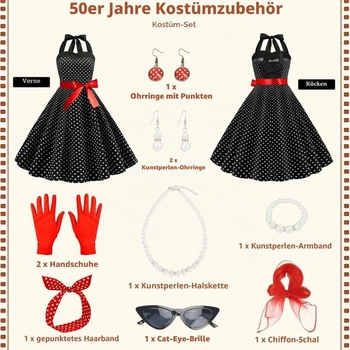 Doplňky ke kostýmům z 50. let, sada kostýmů pro ženy z 50. let, retro outfit s puntíkovaným šatem,