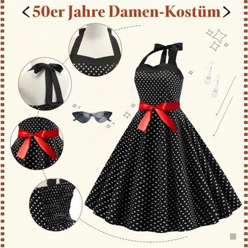 Doplňky ke kostýmům z 50. let, sada kostýmů pro ženy z 50. let, retro outfit s puntíkovaným šatem,