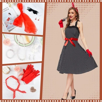 Doplňky ke kostýmům z 50. let, sada kostýmů pro ženy z 50. let, retro outfit s puntíkovaným šatem,