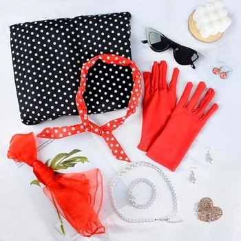 Doplňky ke kostýmům z 50. let, sada kostýmů pro ženy z 50. let, retro outfit s puntíkovaným šatem,