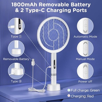 Elektrická plácačka na muchy 4000 V, 1800 mAh, dobíjacia cez USB | Funkcia duálneho nabíjania,