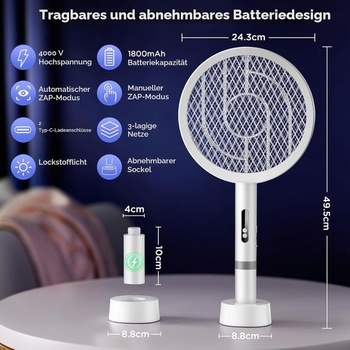 Elektrická plácačka na muchy 4000 V, 1800 mAh, dobíjacia cez USB | Funkcia duálneho nabíjania,