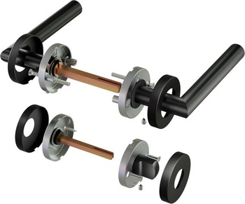 1 balení nerezové dveřní kliky s koupelnovou úchytkou, úchytka se zadlabacím zámkem, barva: černá