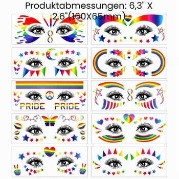 DPKOW Dúhové dočasné tetovanie pre gay pride očný make-up, 10 listov LGBT dúhové tetovanie na tvár
