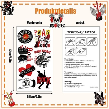 Rock and Roll tetovanie pre deti, 10 listov Rock Band Punk detské tetovanie sada šetrná k pokožke