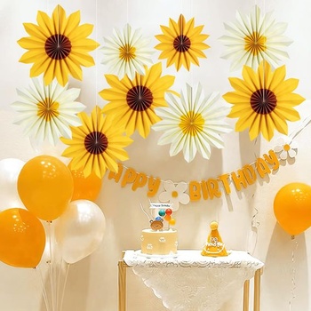 SUNBEAUTY 9dílná papírová vějířová dekorace s motivem slunečnic, párty dekorace, žlutá, papírová