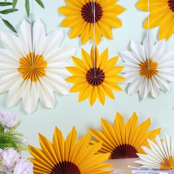 SUNBEAUTY 9dílná papírová vějířová dekorace s motivem slunečnic, párty dekorace, žlutá, papírová