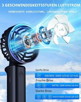 Prenosný ručný ventilátor, mini stolný ventilátor, skladací, 1800 mAh, oscilácia 180 °, 3 rýchlosti,