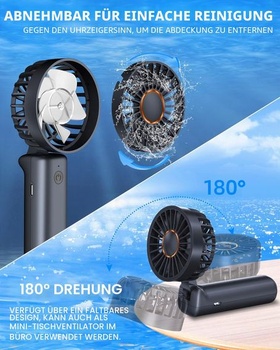 Prenosný ručný ventilátor, mini stolný ventilátor, skladací, 1800 mAh, oscilácia 180 °, 3 rýchlosti,