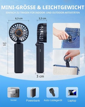 Prenosný ručný ventilátor, mini stolný ventilátor, skladací, 1800 mAh, oscilácia 180 °, 3 rýchlosti,