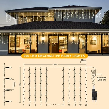 Venkovní světelná clona 4x1m, venkovní světelná šňůra s rampouchem, 200 LED vnitřní světelná clona