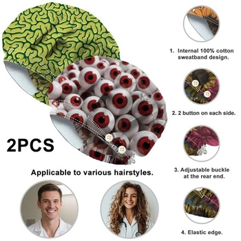 Sada 2 slupovacích čepic se 4 knoflíky, bavlněná čepice pro sestry, elastická chirurgická čepice,