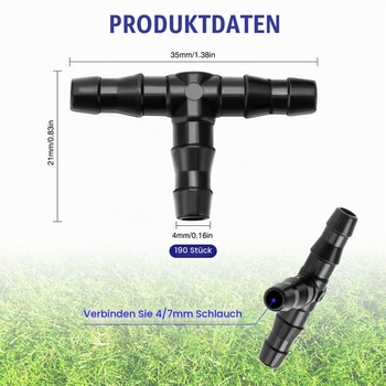 190 kusov 4/7 mm T-kusov pre hadicové spojky, plastové T-kusy VooGenzek pre kvapkovú závlahu pre
